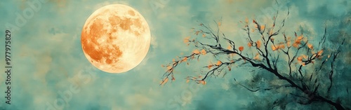 Watercolor Full Moon with Tree Branches Creating a Dreamy Landscape