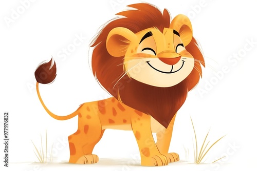 Adorable cartoon lion standing and smiling with a happy expression photo