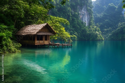 Wooden hut on a tranquil lake surrounded by lush jungle and mountains, perfect for relaxing and escaping from everyday life