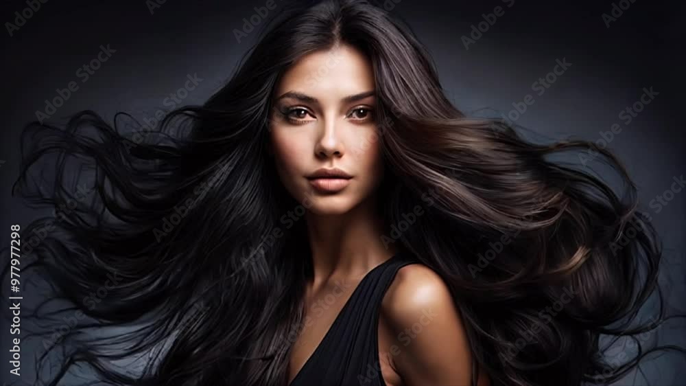 Young woman with healthy long black hair. Glossy wavy beautiful hair Young woman with healthy long black hair. Glossy wavy beautiful hair