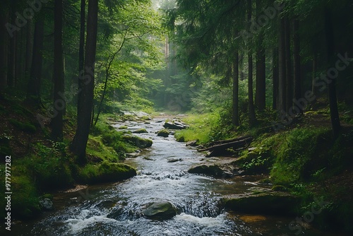 Tranquil creek flowing through a lush green forest with sunlight streaming through the trees