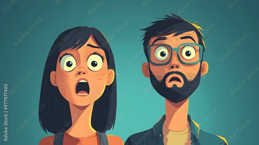 Cartoon man and woman with shocked expressions in a bold graphic art style Cartoon man and woman with shocked expressions in a bold graphic art style