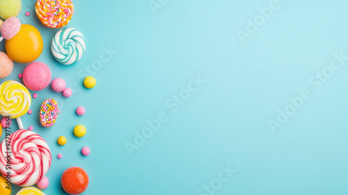 assorted colorful candies and sweets on bright blue background with copy space photo