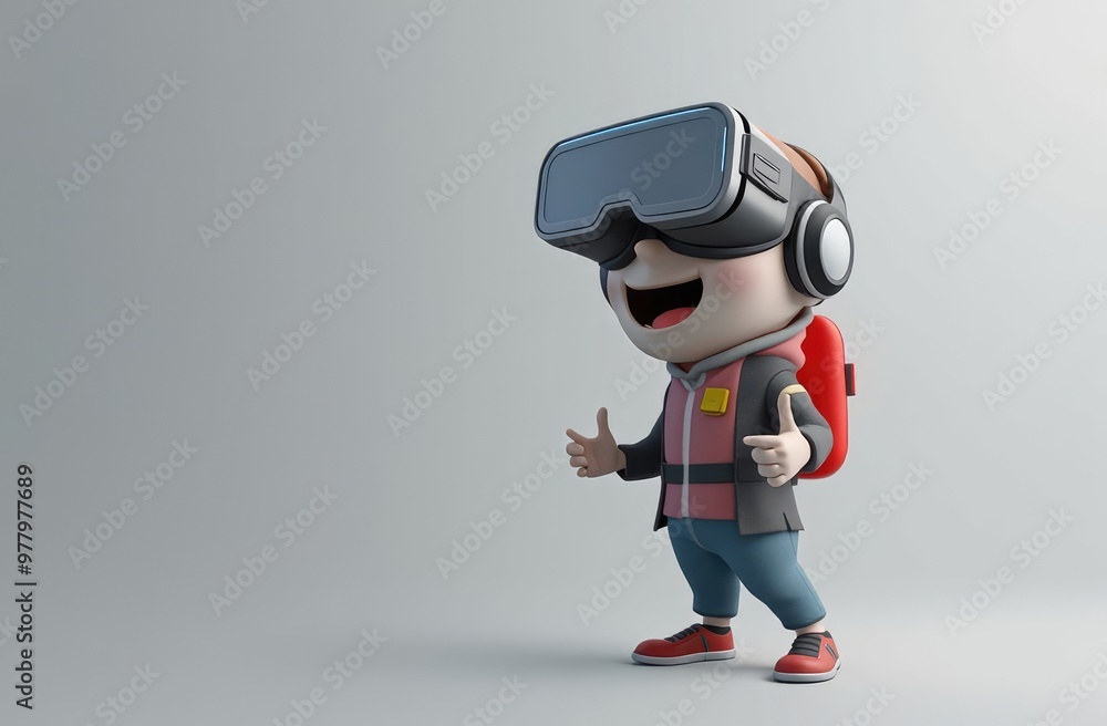 happy kid using VR headset. immersive virtual reality gaming, illustration on grey background happy kid using VR headset. immersive virtual reality gaming, illustration on grey background