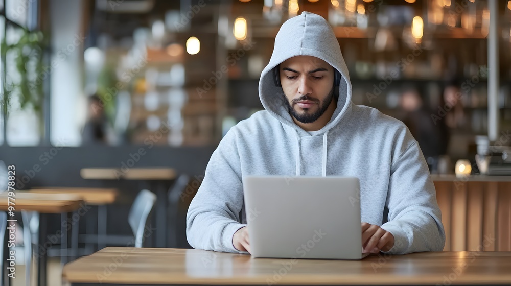 Fototapeta premium Man in a Hoodie Using Laptop in a Cafe