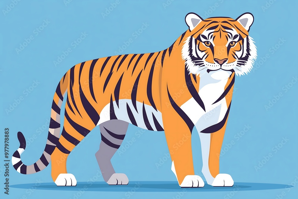 Bold stylized tiger illustration standing on blue background Bold stylized tiger illustration standing on blue background