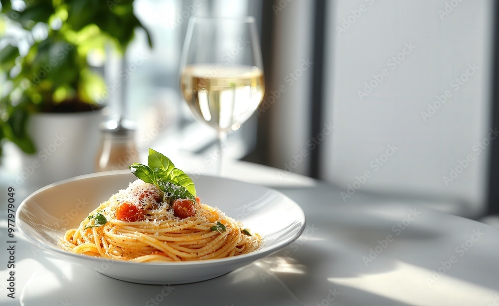 Fototapeta premium Spaghetti with tomato sauce, parmesan and basil. white plate, minimalistic light background, light from the window. spaghetti with cheese and cherry tomatoes