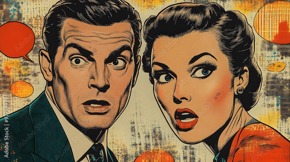 custom made wallpaper toronto digitalVintage comic art style man and woman with surprised expressions and abstract background
