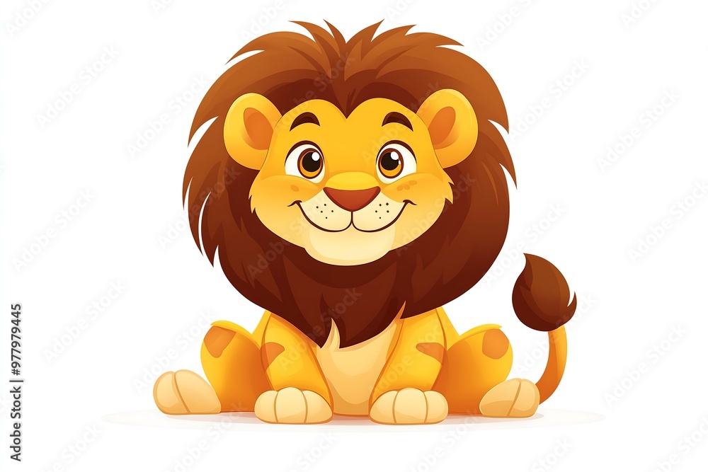 Adorable cartoon lion sitting and smiling on white background Adorable cartoon lion sitting and smiling on white background