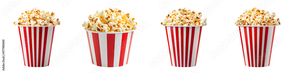 Collection set popcorn box in a red and white striped bucket, on a transparent background cutout, PNG file. Mockup template Collection set popcorn box in a red and white striped bucket, on a transparent background cutout, PNG file. Mockup template