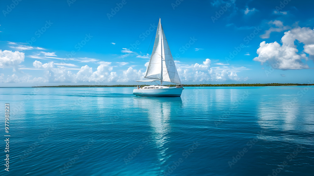 Obraz premium Sailboat cruising on calm blue waters under a clear sunny sky in the Caribbean