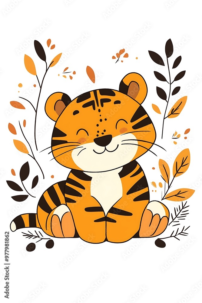 Cute cartoon tiger cub sitting, smiling with fall leaves around Cute cartoon tiger cub sitting, smiling with fall leaves around