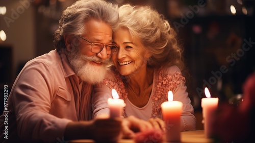 couple celebrating birthday.Joyful senior woman blowing candles on birthday cake with her husband, celebrating her birthday. cozy mood and pastel theme.