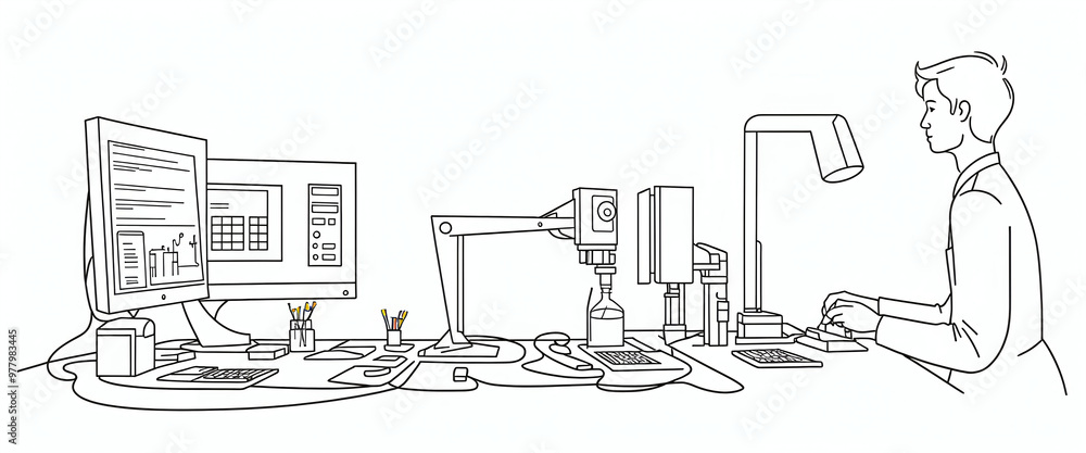 Fototapeta premium Illustrative abstract depiction in fine line drawing of a scientist performing scientific experiments in a laboratory