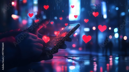 Person scrolling phone with floating pink hearts and bokeh lights in a nighttime city environment