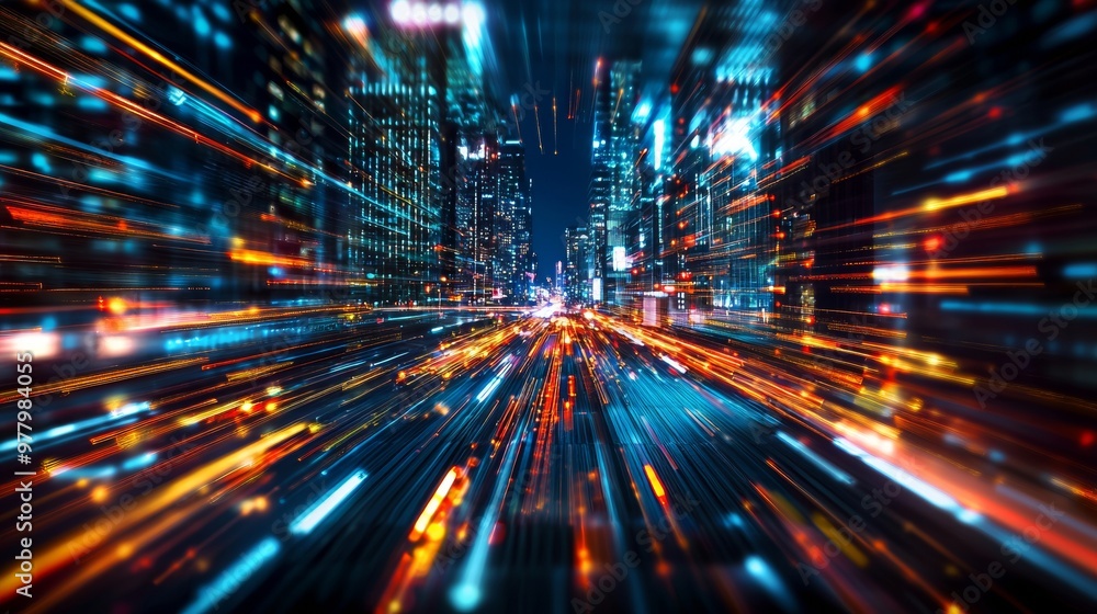 Abstract cityscape with vibrant lights and speed motion effect at night Abstract cityscape with vibrant lights and speed motion effect at night