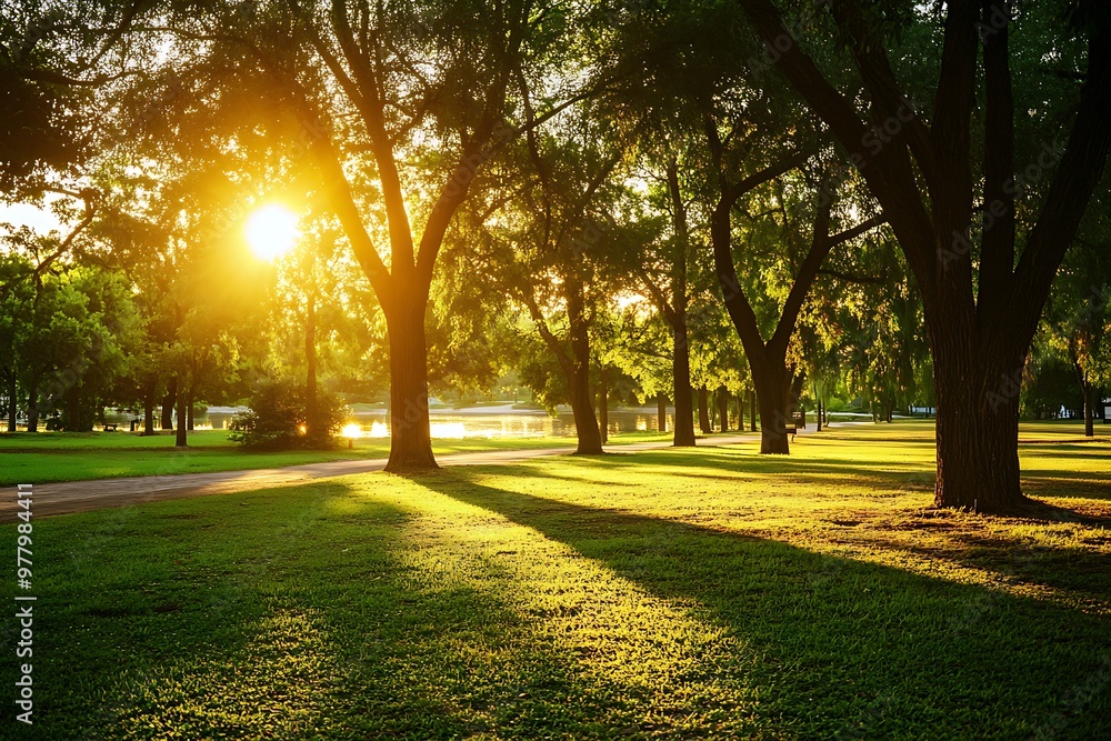 Obraz premium Sunset Golden Hour in a Green Forest Park with Trees and Path