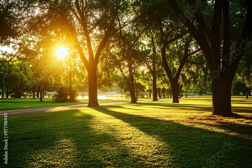 Sunset Golden Hour in a Green Forest Park with Trees and Path photo