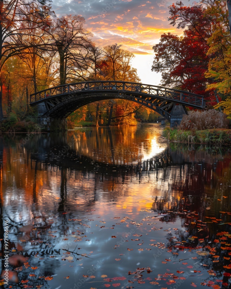 Obraz premium River bridge on fall park background