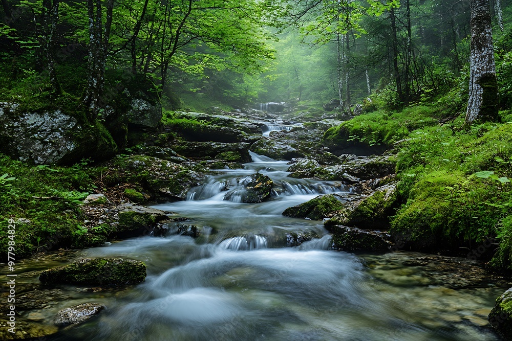 Tranquil Stream Flowing Through Misty Forest Tranquil Stream Flowing Through Misty Forest