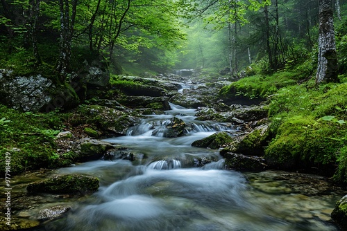 Tranquil Stream Flowing Through Misty Forest