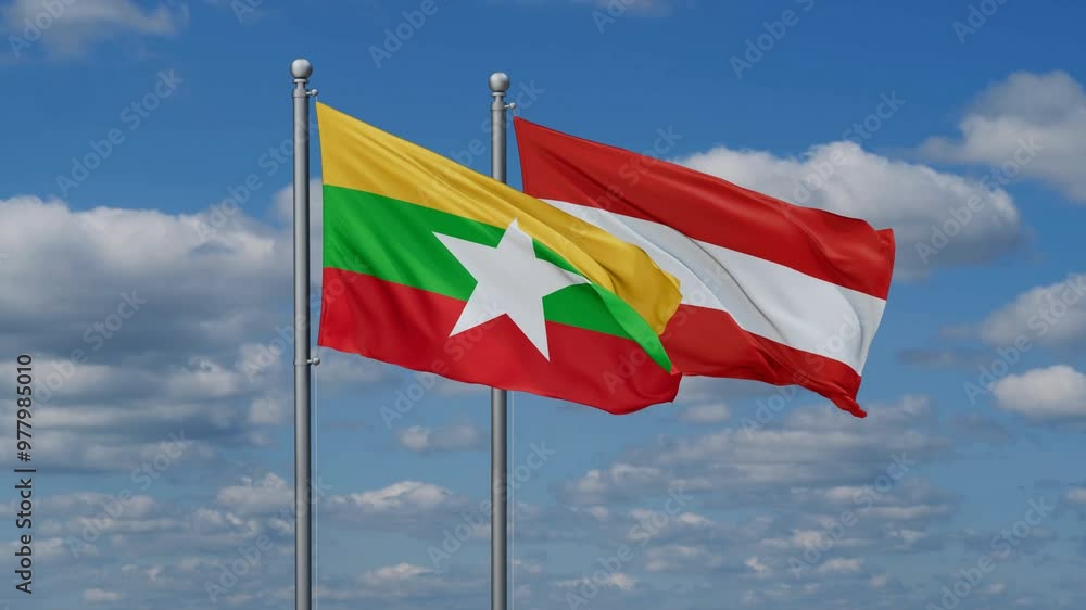Austria and Myanmar flags flying together, video concept of the relationship, two country relations concept Austria and Myanmar flags flying together, video concept of the relationship, two country relations concept
