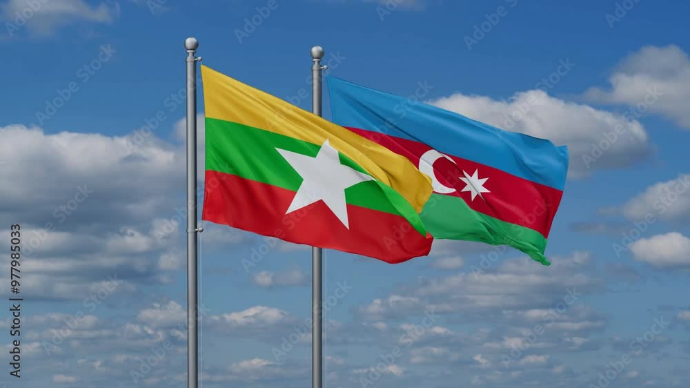 Azerbaijan and Myanmar flags flying together, video concept of the relationship, two country cooperation concept Azerbaijan and Myanmar flags flying together, video concept of the relationship, two country cooperation concept