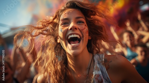 crowded group of young people dancing cheering and celebrating on a birthday party outside in the day time. laughig screaming and being happy and having fun. holi fest colorful splashes.