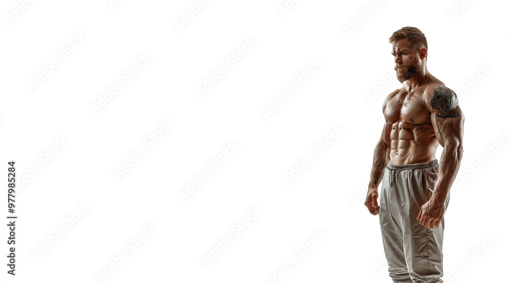 shirtless, muscular bodybuilder with a serious expression, showcasing his sculpted physique and tattoos, while standing in light gray sweatpants. Isolated background. shirtless, muscular bodybuilder with a serious expression, showcasing his sculpted physique and tattoos, while standing in light gray sweatpants. Isolated background.