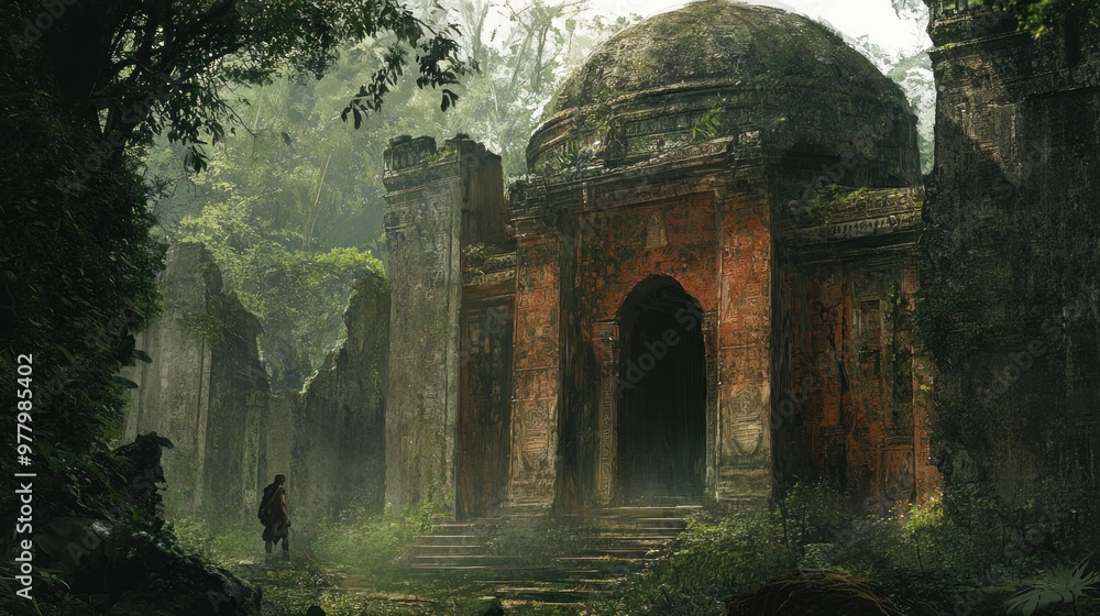 Overgrown Temple Entrance With A Single Figure Overgrown Temple Entrance With A Single Figure