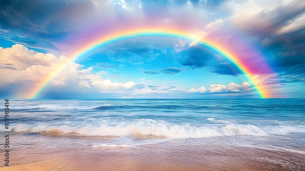 Rainbow in sky over ocean with beach in foreground and waves in the foreground Rainbow in sky over ocean with beach in foreground and waves in the foreground