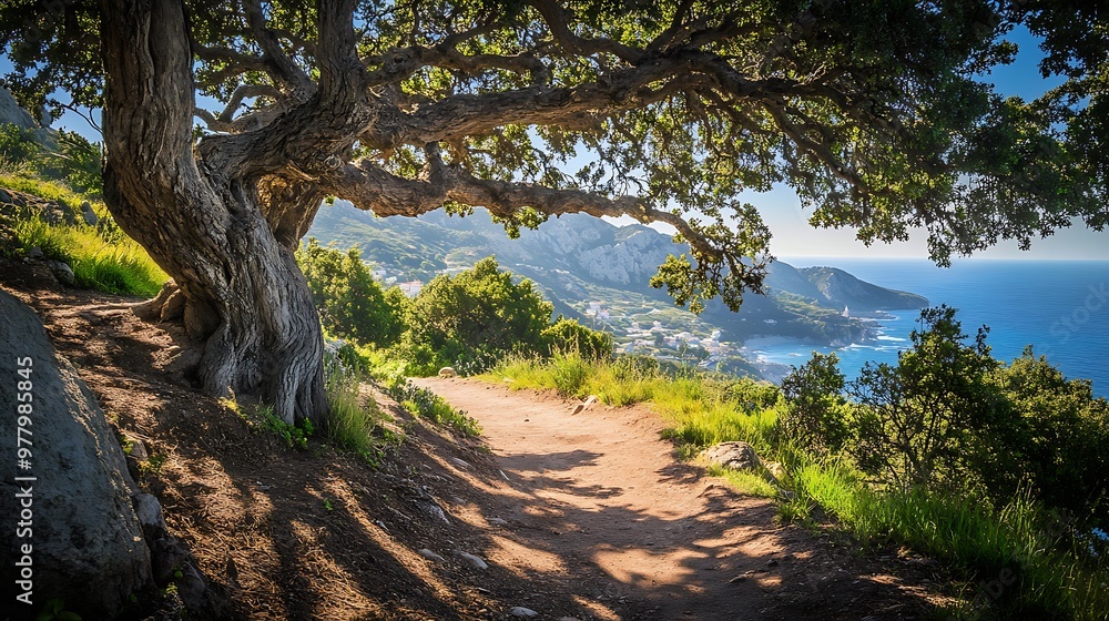 Fototapeta premium Path through nature with large tree, hills and ocean in background
