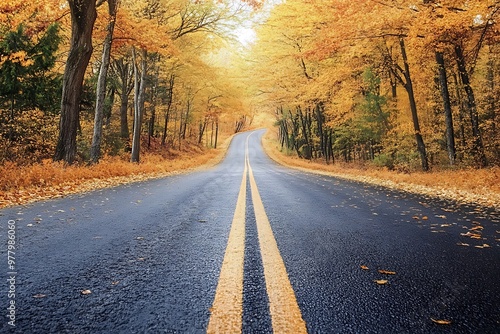 Empty asphalt road winding through colorful autumn forest with yellow leaves on ground, scenic nature background