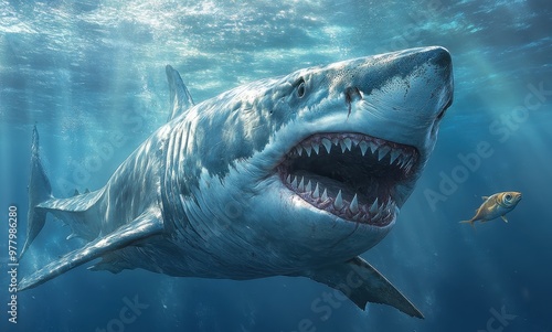 Megalodon Shark Swimming in the Ocean with Mouth Open – A Glimpse into Prehistoric Marine Life