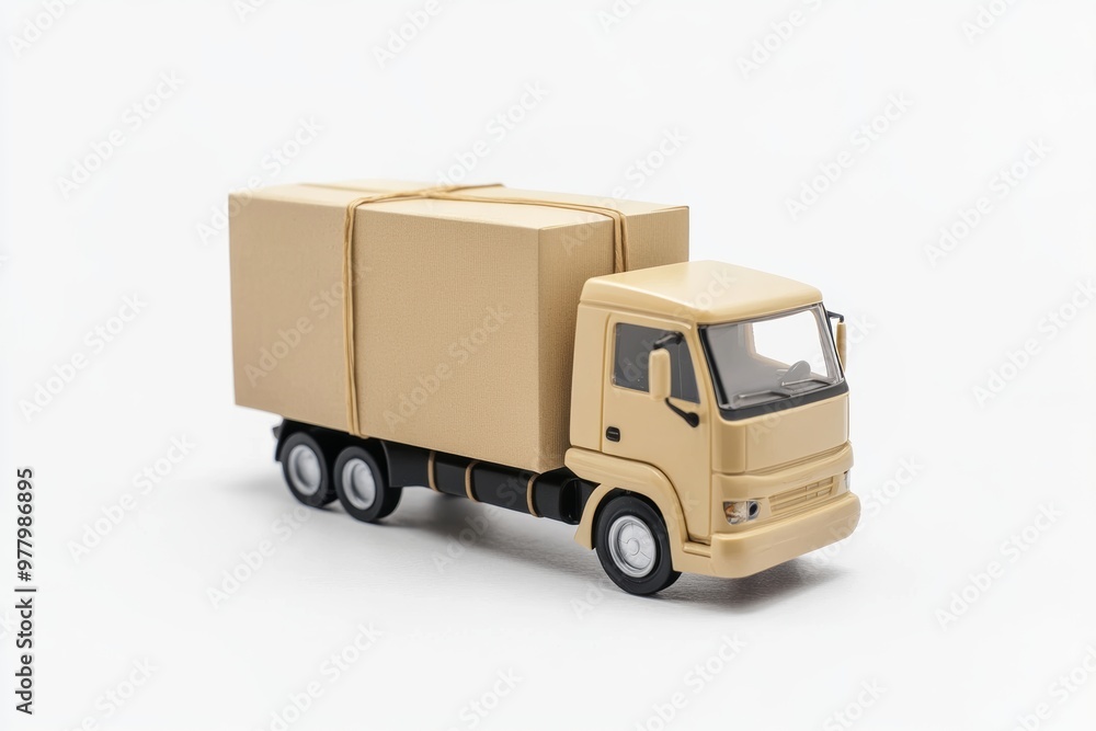 Delivery Truck Model: A beige delivery truck with a cardboard box on the back, isolated on a white background. The truck is a miniature model, ideal for illustrative purposes. It conveys a sense of Delivery Truck Model: A beige delivery truck with a cardboard box on the back, isolated on a white background. The truck is a miniature model, ideal for illustrative purposes. It conveys a sense of