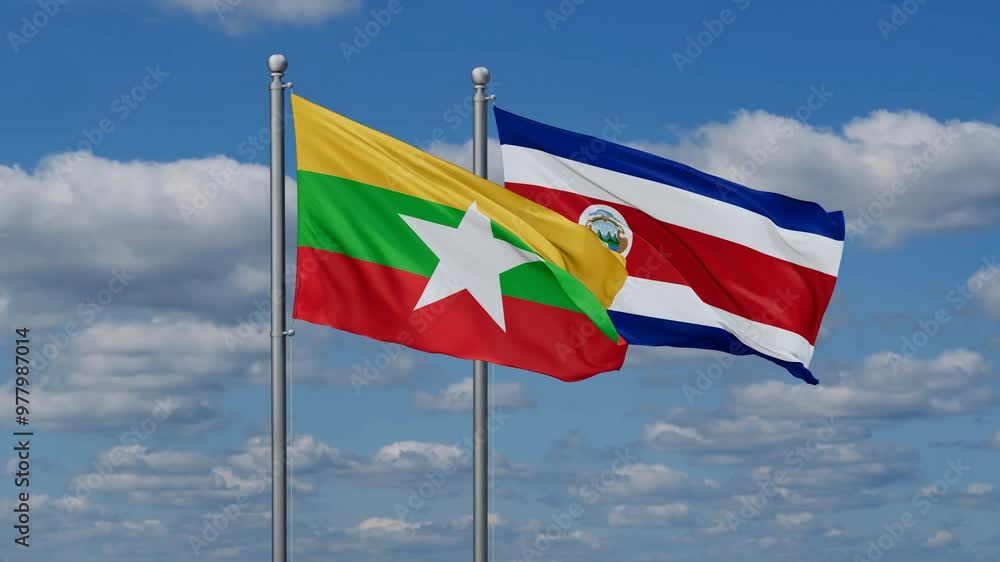 Costa Rico and Myanmar flags flying together, video concept of the relationship, two country cooperation concept Costa Rico and Myanmar flags flying together, video concept of the relationship, two country cooperation concept