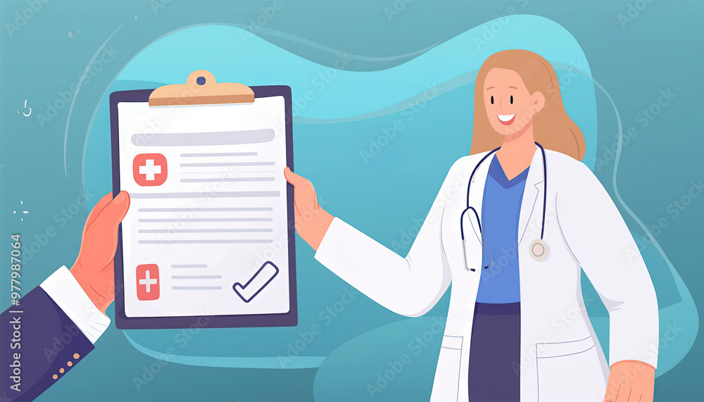 Doctor presenting a medical insurance policy contract, illustration generated AI Doctor presenting a medical insurance policy contract, illustration generated AI