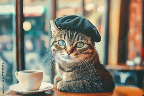 French Cat Cafe: A stylish tabby cat with a classic beret enjoys a cup of coffee in a Parisian cafe, capturing the essence of sophisticated feline charm.  