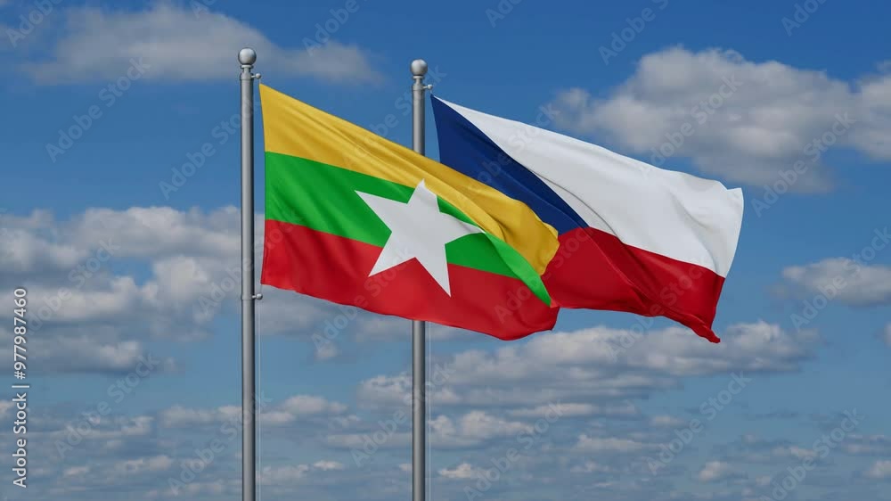 Czech Republic and Myanmar flags flying together, video concept of the relationship, two country relations concept Czech Republic and Myanmar flags flying together, video concept of the relationship, two country relations concept