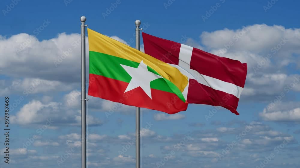 Denmark and Myanmar flags flying together, video concept of the relationship, two country relations concept Denmark and Myanmar flags flying together, video concept of the relationship, two country relations concept