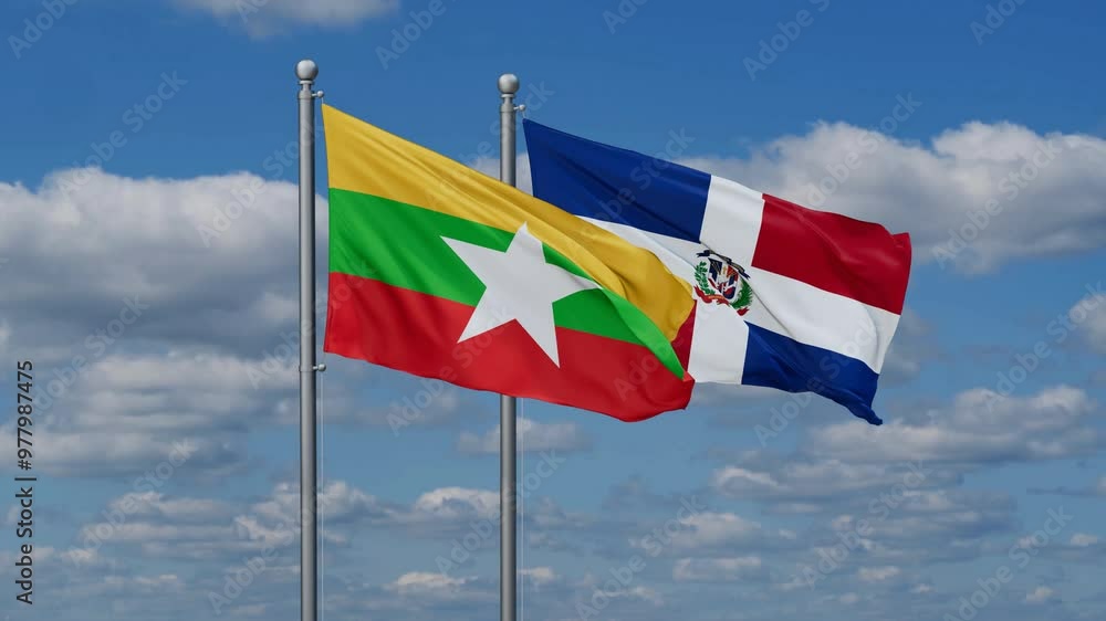 Dominican Republic and Myanmar flags flying together, video concept of the relationship, two country relations concept Dominican Republic and Myanmar flags flying together, video concept of the relationship, two country relations concept