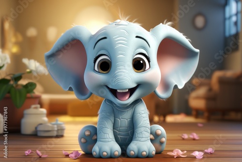 Adorable Baby Elephant Gray Sitting with Cute Smile Elephant Child Mascot Cheerf, generative IA photo