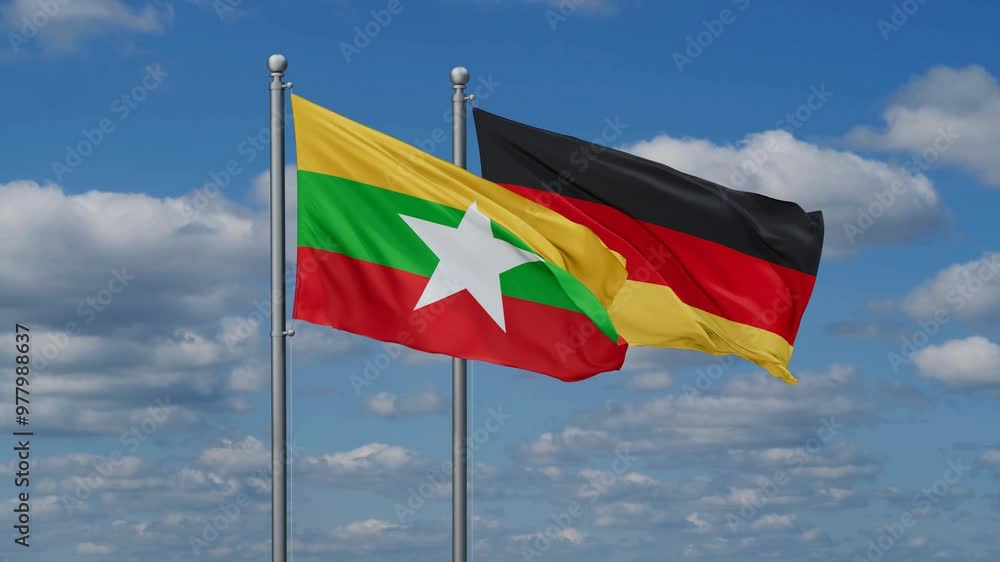 Germany and Myanmar flags flying together, video concept of the relationship, two country relations concept Germany and Myanmar flags flying together, video concept of the relationship, two country relations concept