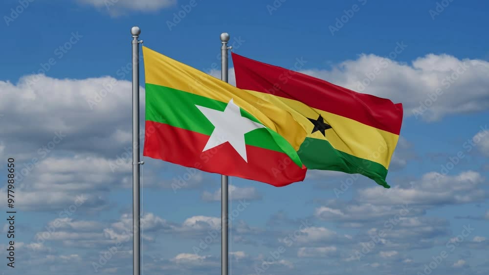 Ghana and Myanmar flags flying together, video concept of the relationship, two country relations concept Ghana and Myanmar flags flying together, video concept of the relationship, two country relations concept