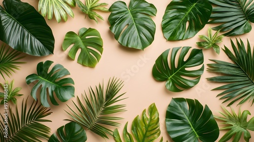 Collection of various tropical palm and monstera leaves arranged on a beige background