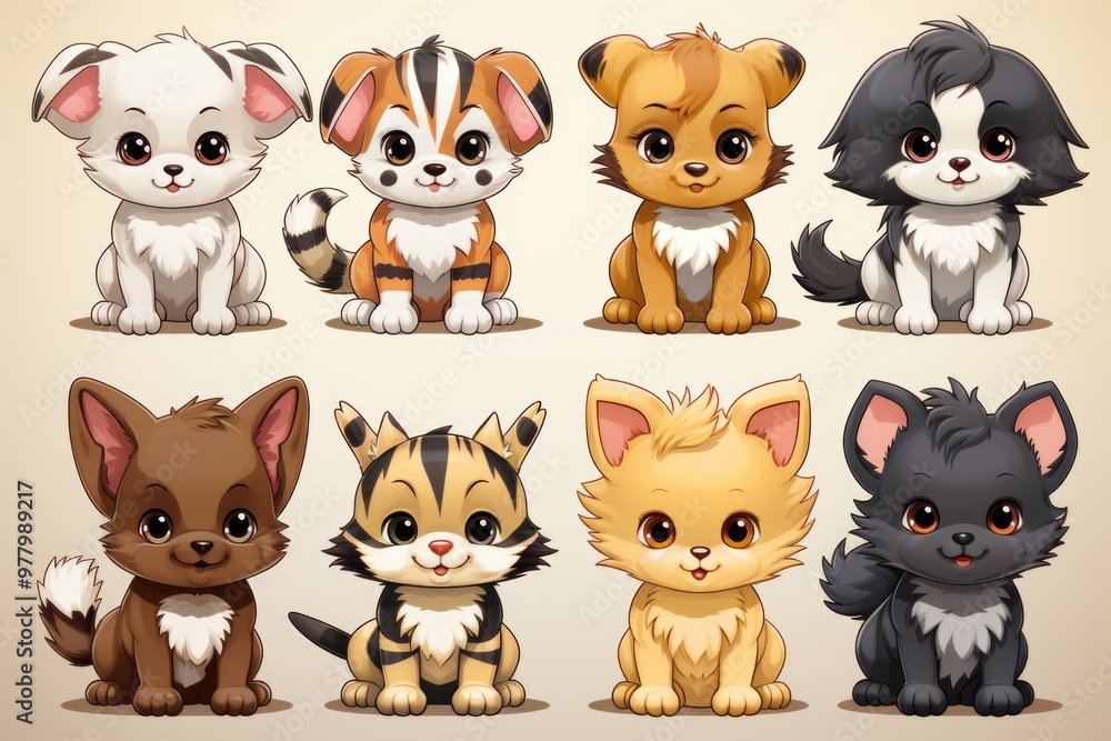 Cute Animals Collection Set Illustration Manga Style, generative IA Cute Animals Collection Set Illustration Manga Style, generative IA