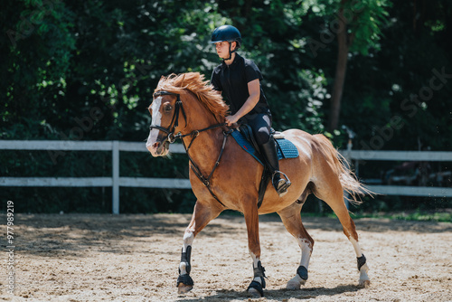 A young equestrian practicing horseback riding in an outdoor arena under the bright sun. Horse in motion with rider wearing protective gear.