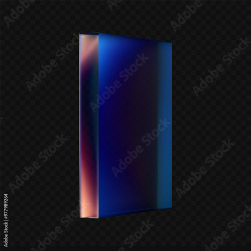 Rectangular glass box with gradient colors of blue, purple, and red, isolated on dark background. The sleek and polished glass reflects dispersion light. Vector 3d illustration