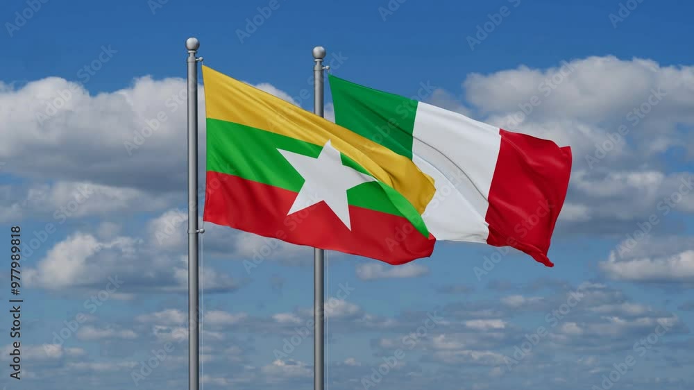 Italy and Myanmar flags flying together, video concept of the relationship, two country cooperation concept Italy and Myanmar flags flying together, video concept of the relationship, two country cooperation concept