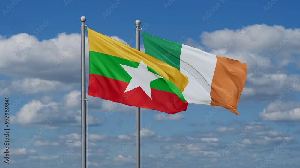 Ireland and Myanmar flags flying together, video concept of the relationship, two country relations concept Ireland and Myanmar flags flying together, video concept of the relationship, two country relations concept